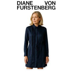 DVF Diane Von Furstenberg Navy Silk Drawstring Dress Adjustable Waist Size 2 EUC